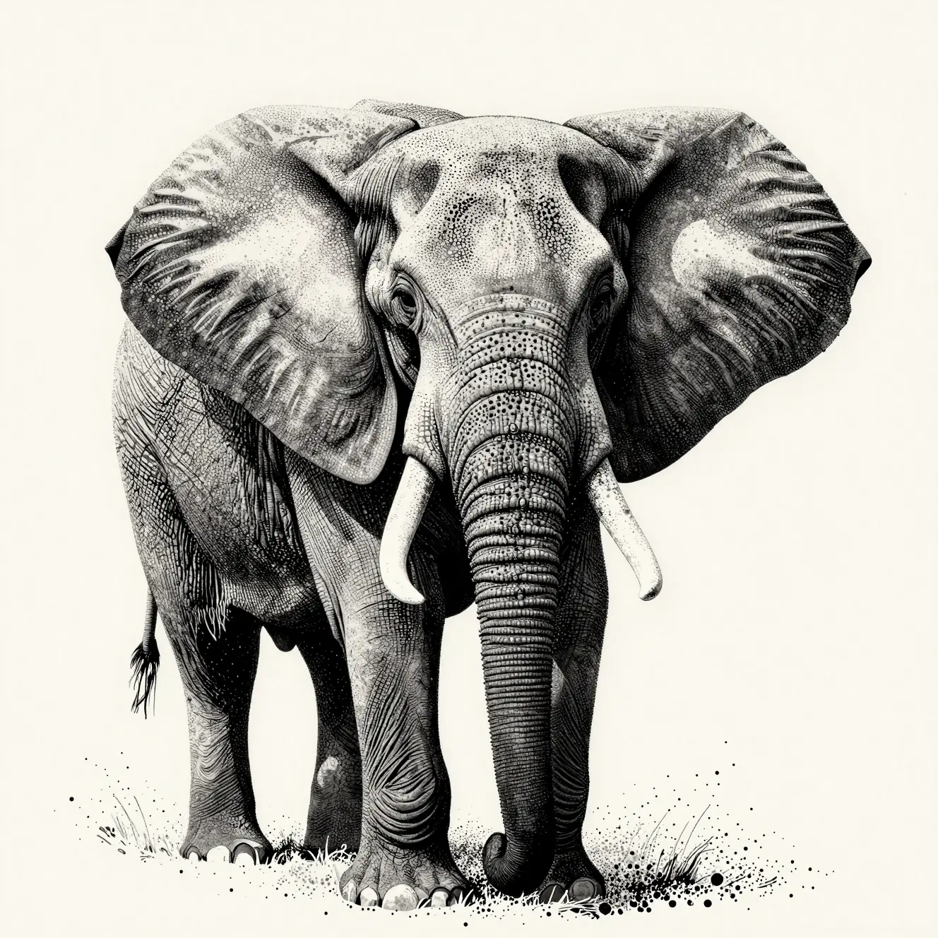 Monochrome Pointillism Portrait Of A Colossal African Elephant