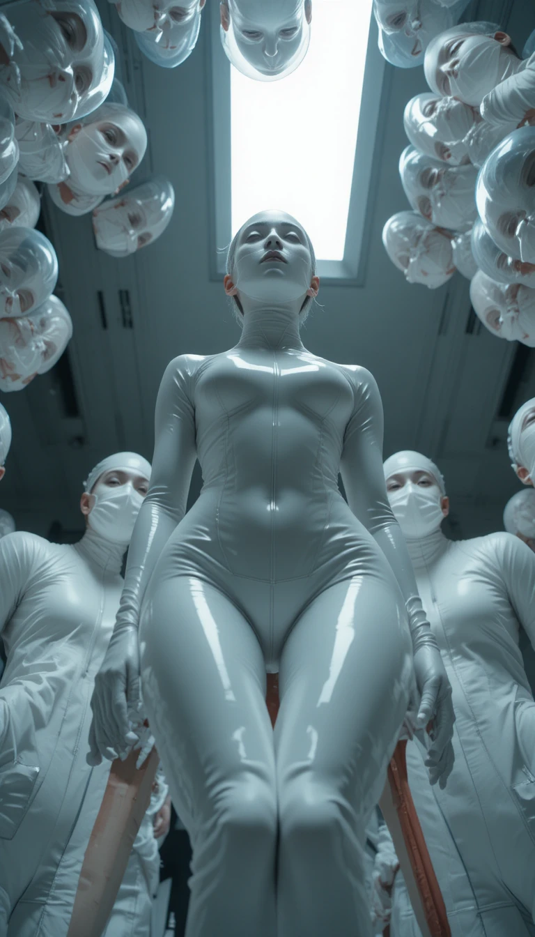 Group of latex nurses looking down toward the camera