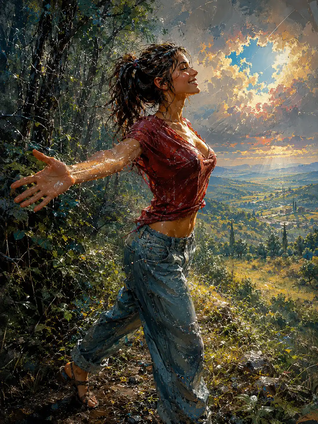 Young brunette woman stepping from forest into open countryside