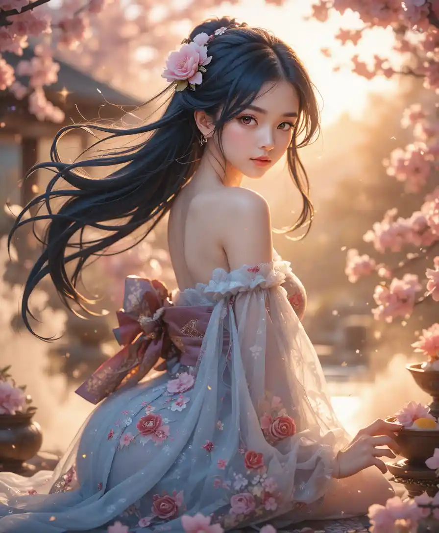 Anime woman in kimono amid golden sparkling sakura garden