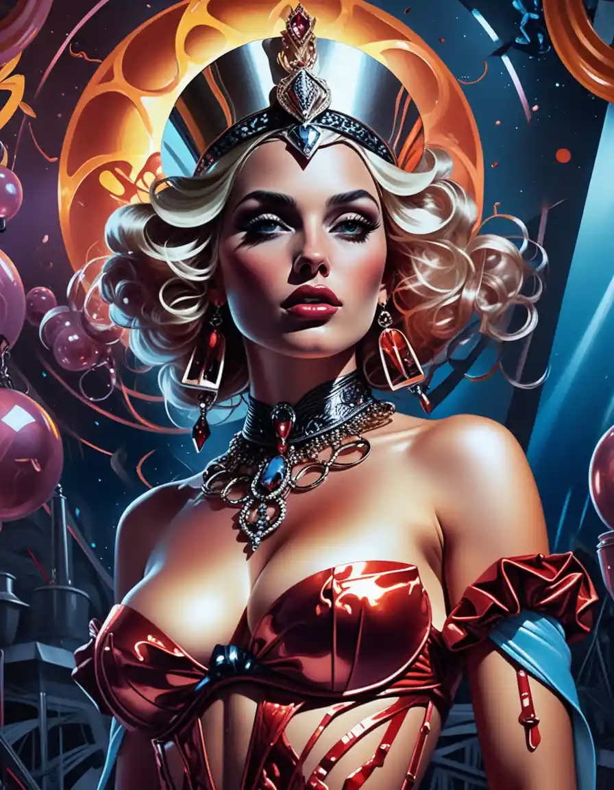 Neon lit fantasy queen in glamorous baroque couture