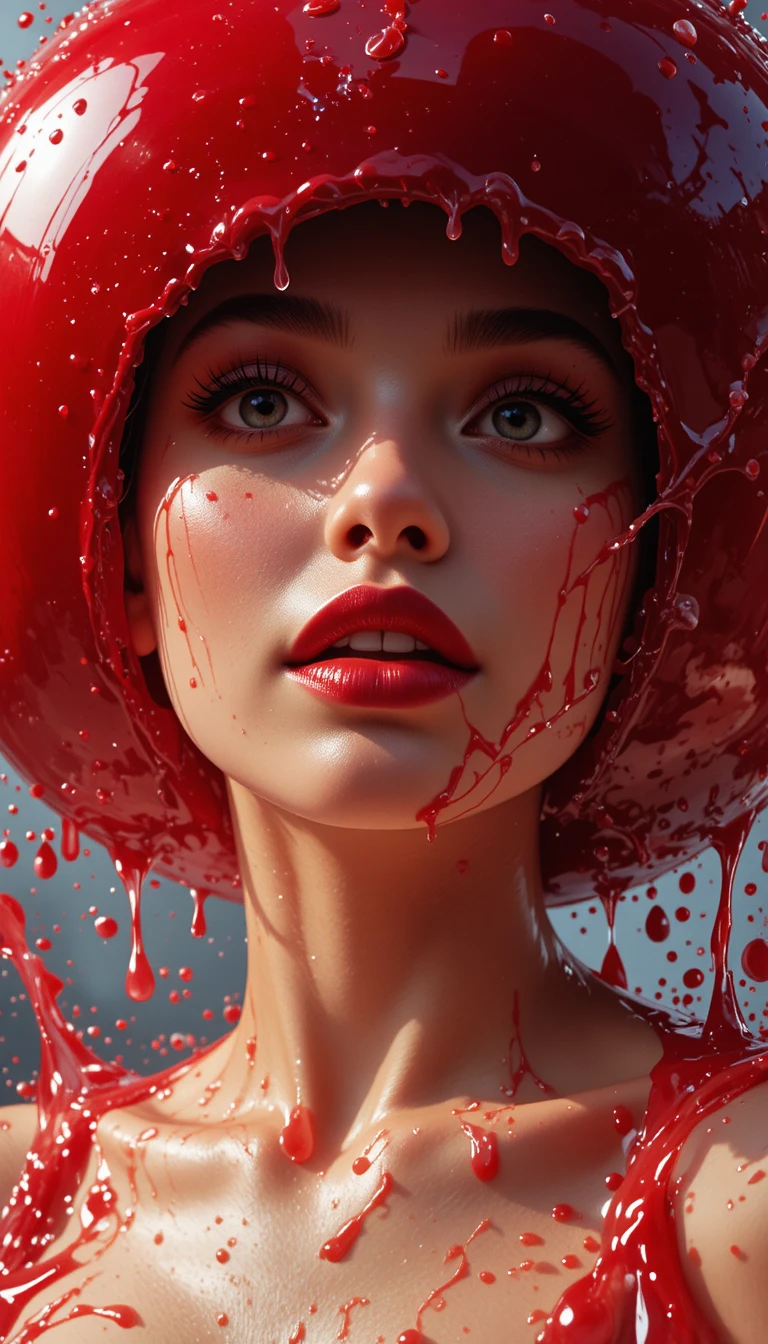 Playful woman posing with a giant glossy cherry splash