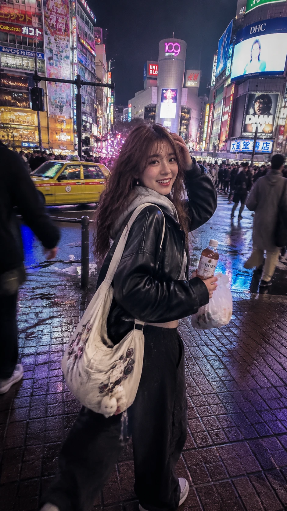 Young woman walking through neon lit Shibuya crossing