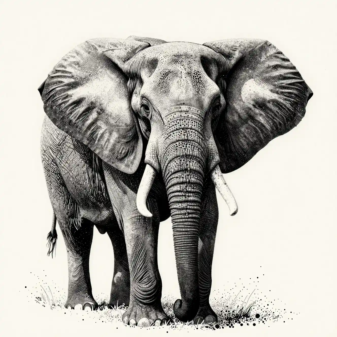 Monochrome Pointillism Portrait Of A Colossal African Elephant