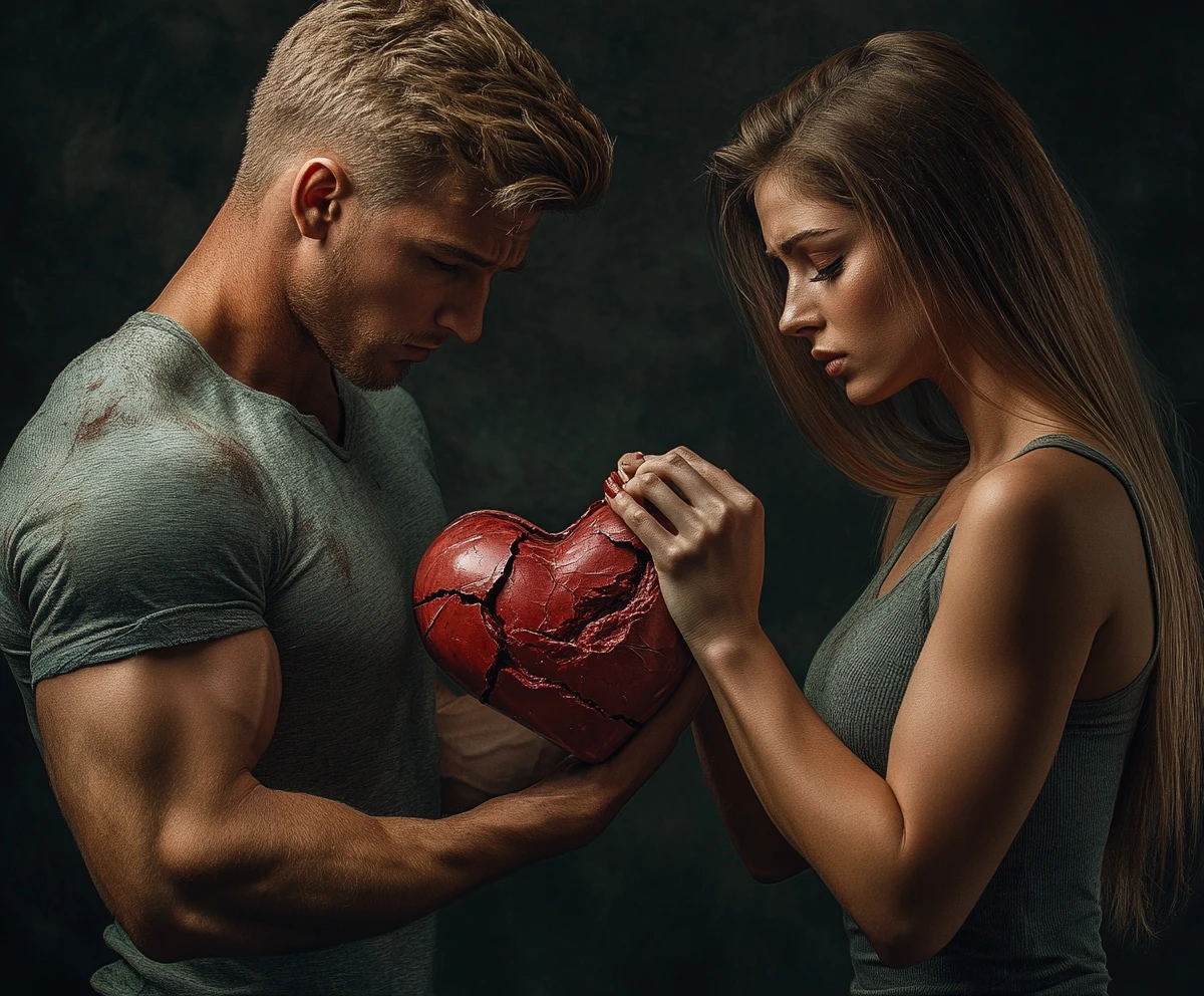 Muscular man and woman repairing a shattered red heart