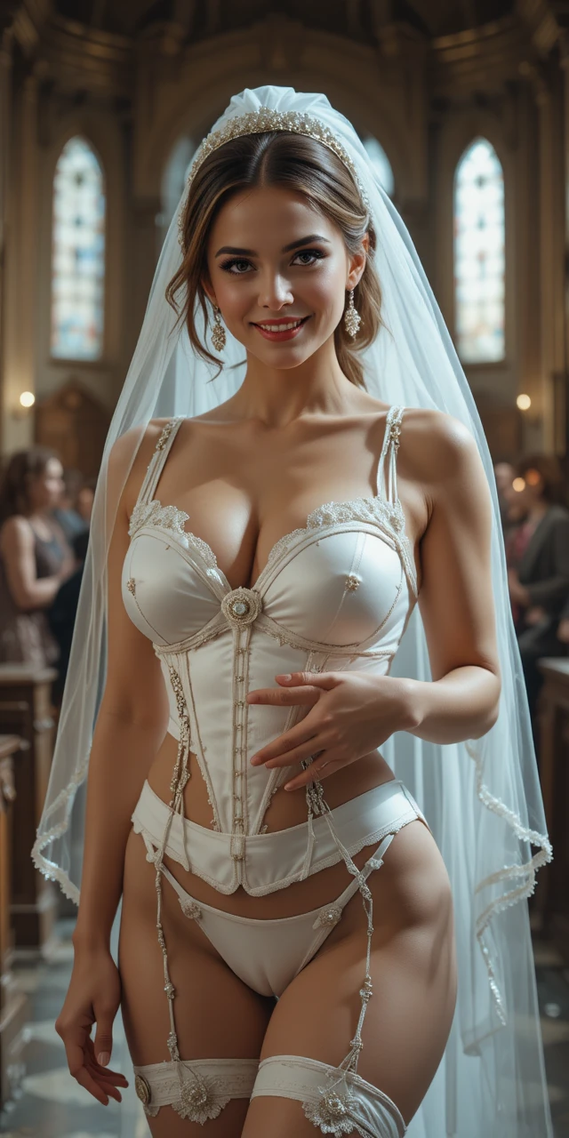 Cinematic woman in bridal lingerie at a church altar