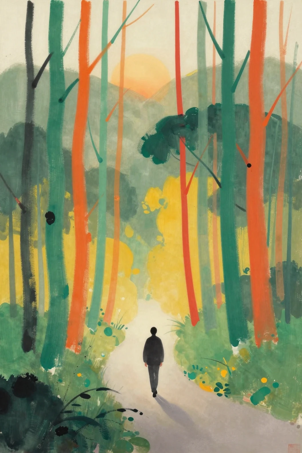 Solitary figure walking along a path in abstract forest