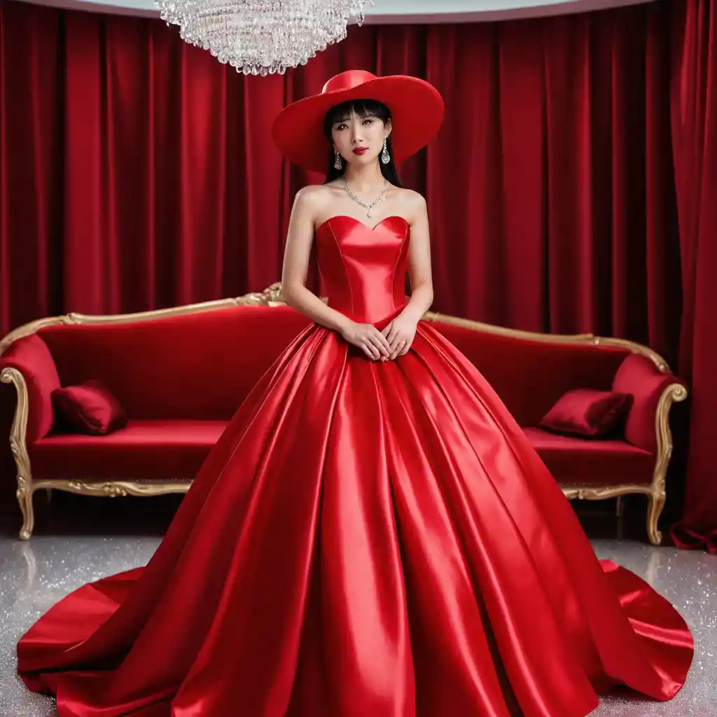 Elegant Japanese girl in red satin strapless ballgown