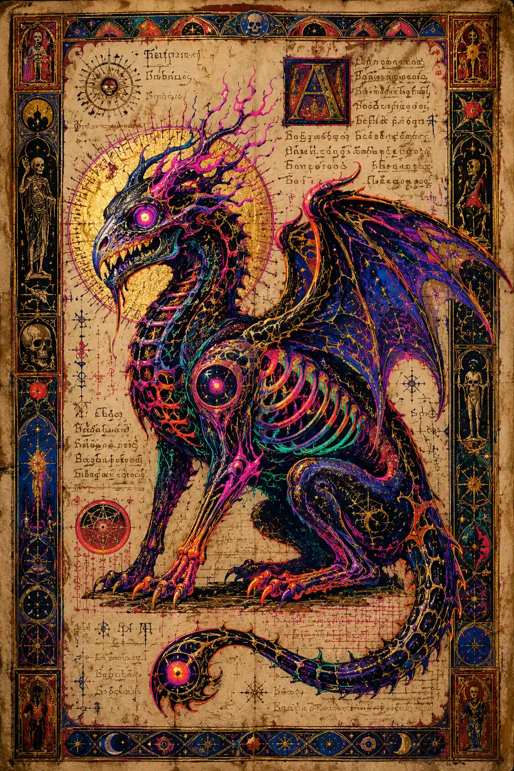 Mythical creature in neon illuminated manuscript style