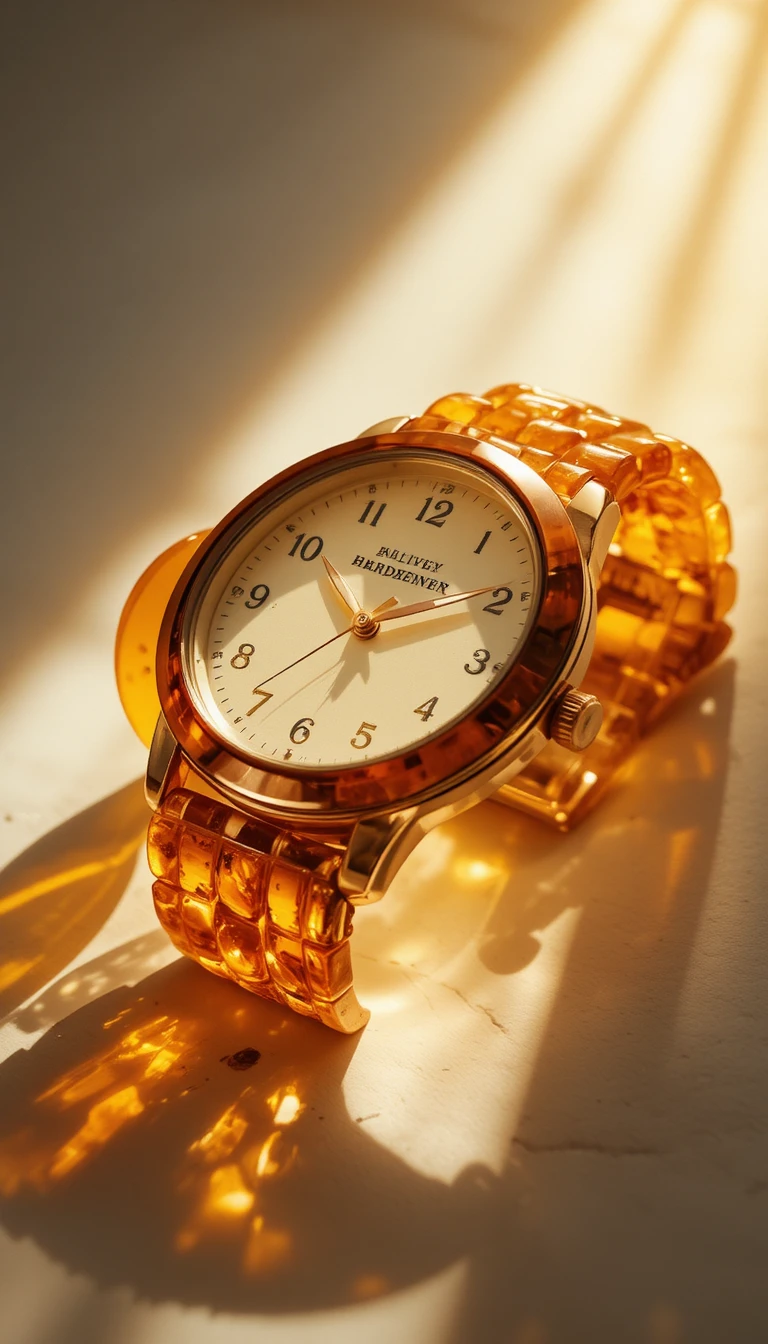 Amber wristwatch with glowing baltic amber bracelet in sunlight