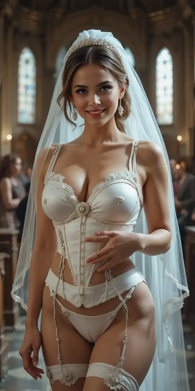 Cinematic woman in bridal lingerie at a church altar
