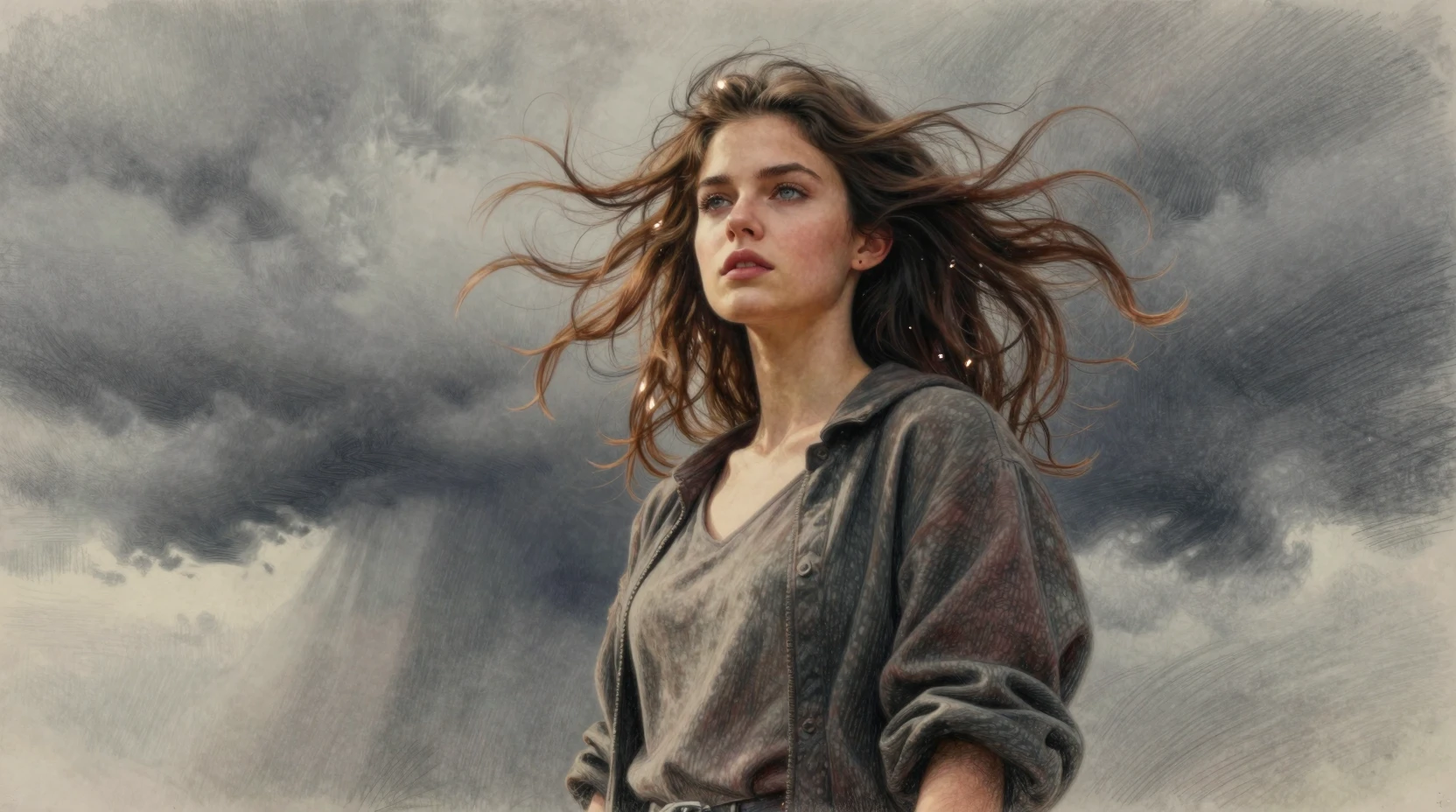 Young woman in a swirling light storm low angle illustration
