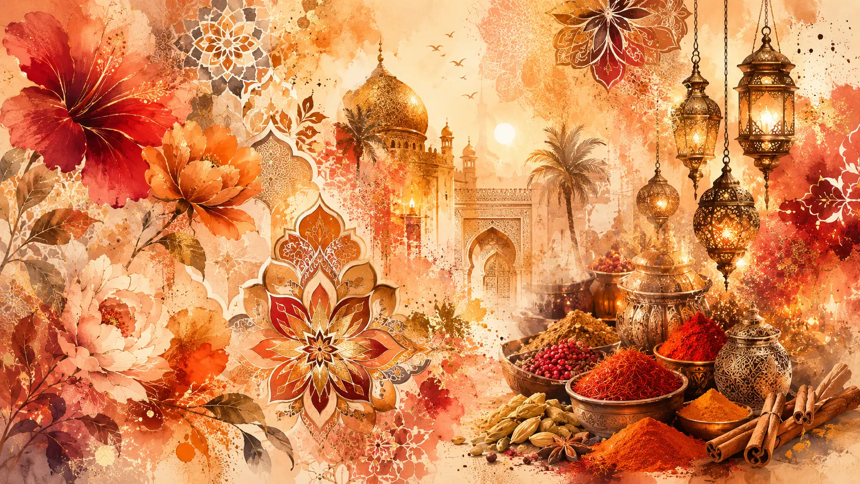 Ornamental Oriental Mosaic Patterns In Warm Watercolor Tones