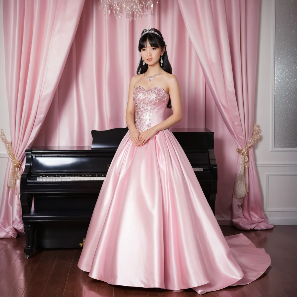 Elegant young woman in pink satin ballgown indoors