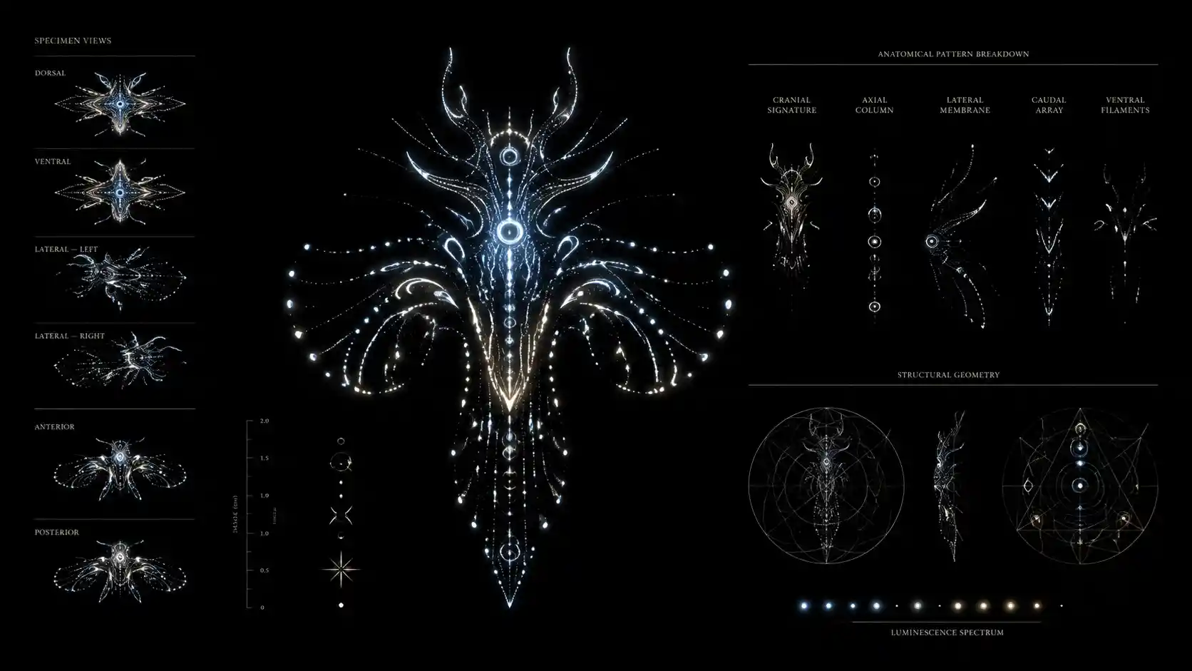 Luminous organic markings forming a symmetrical floating specimen
