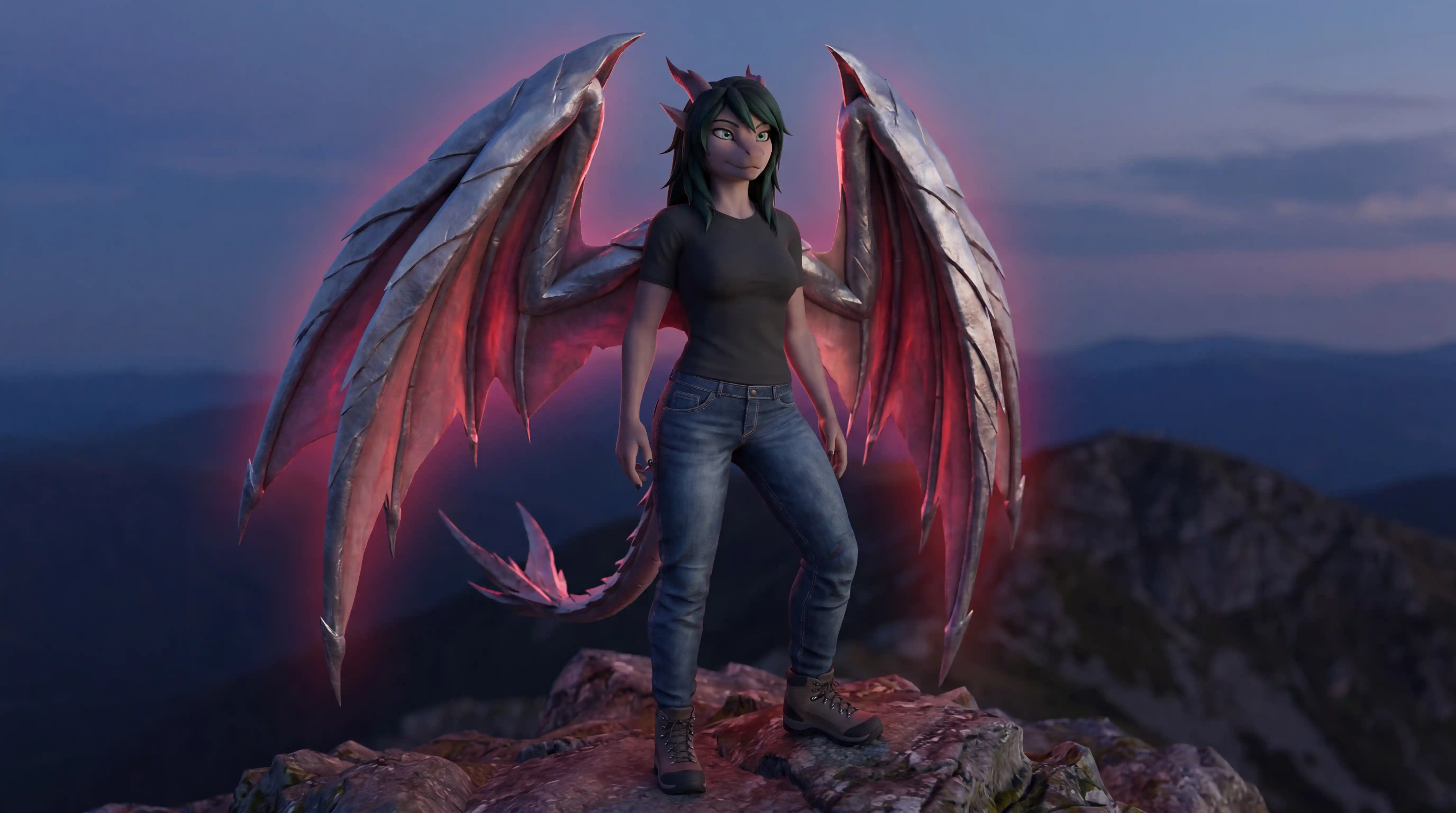 Winged fantasy woman with hazel blue eyes in casual clothes
