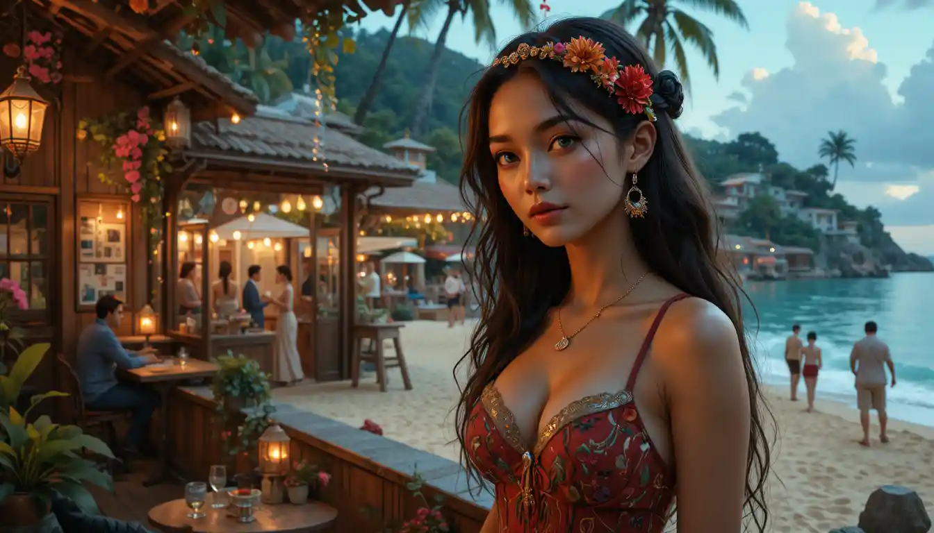 Sensual woman in a fantasy master style beach painting