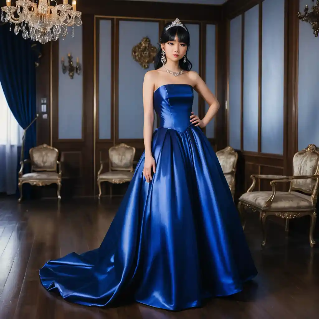 Elegant Japanese woman in royal blue satin ballgown