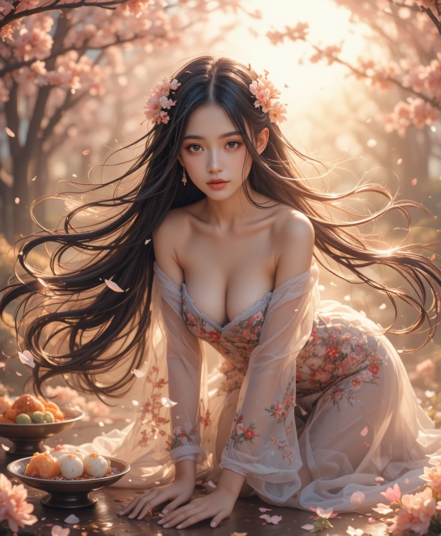 Anime woman with flowing hair in golden particle storm