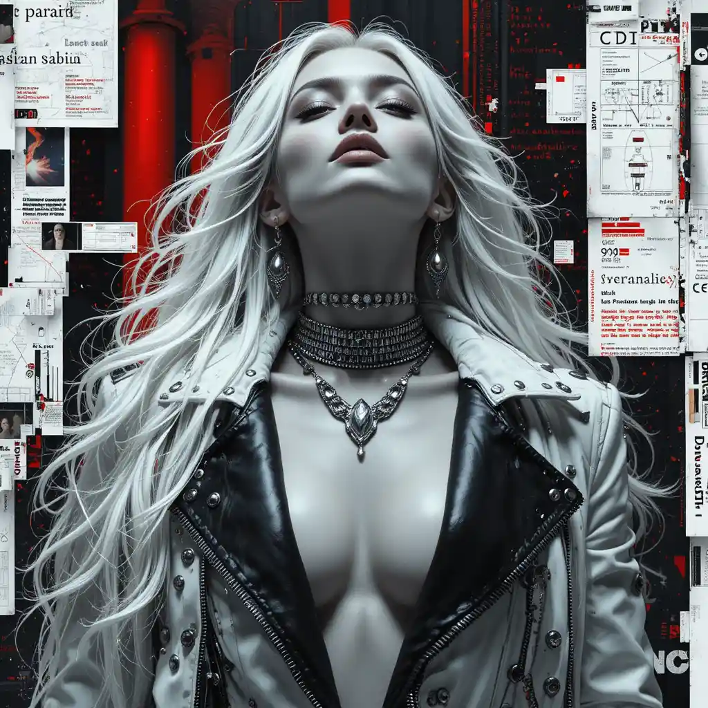 Cyber noir fashion portrait of a woman with white hair