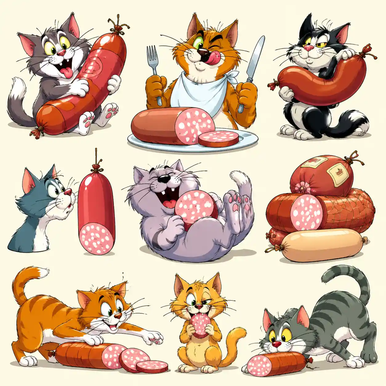 Funny cartoon cats with sausage in pastel illustration