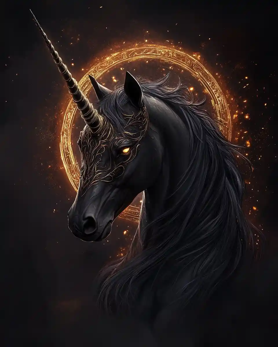 Dark fantasy portrait of a regal black unicorn