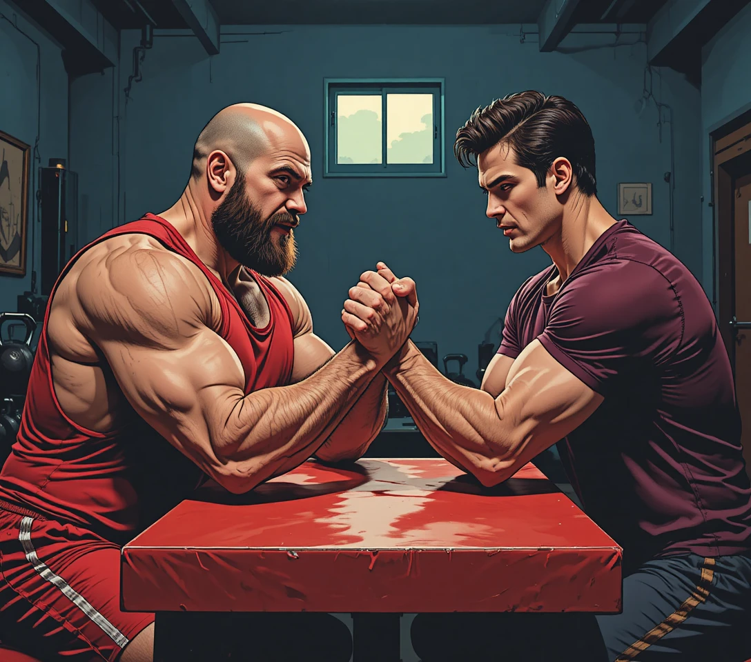 Two men arm wrestling intensely at a dim gym table