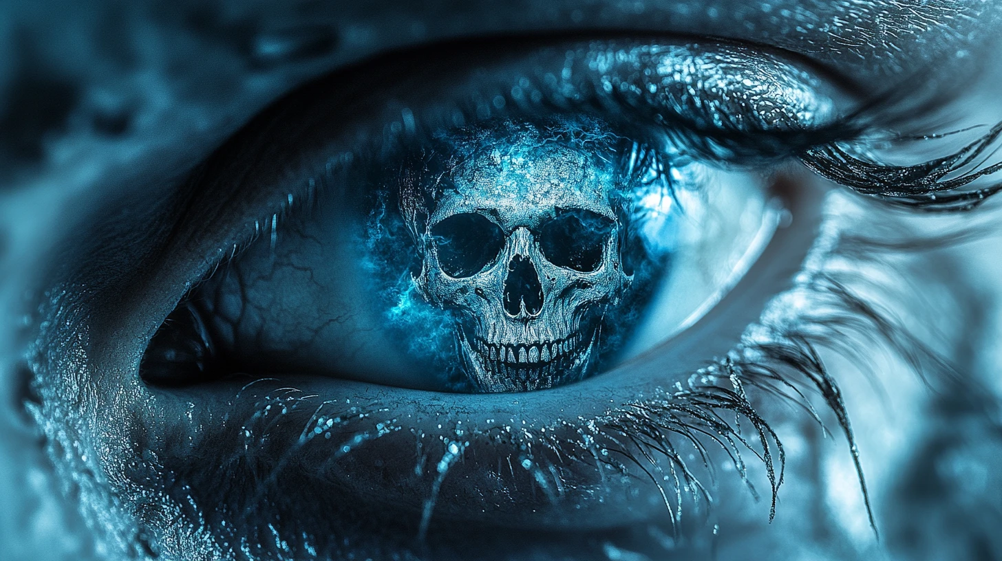 Macro human eye with skull shaped iris and pirate motif