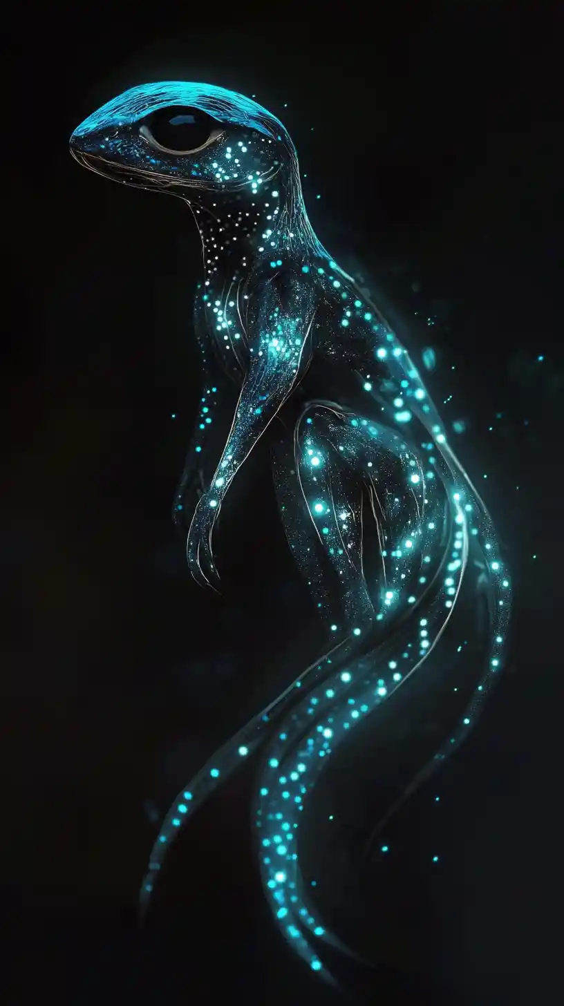 Mythical creature emerging from darkness with glowing patterns