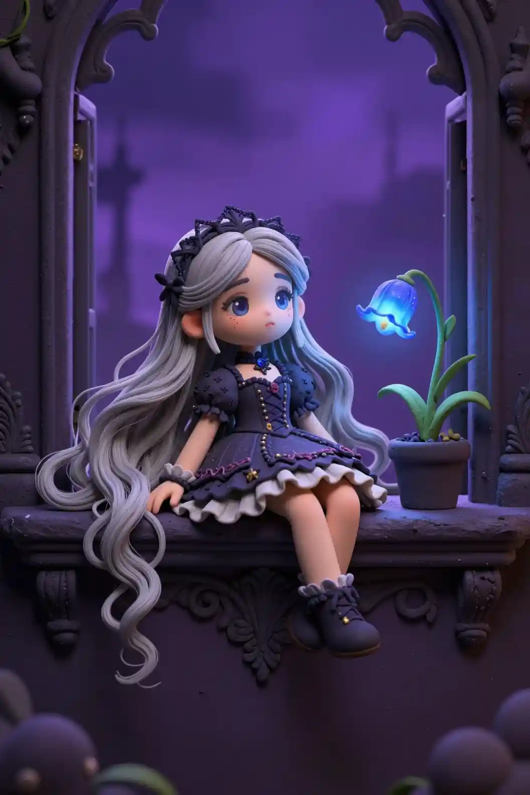 Cute 3D anime girl on gothic window with bluebell