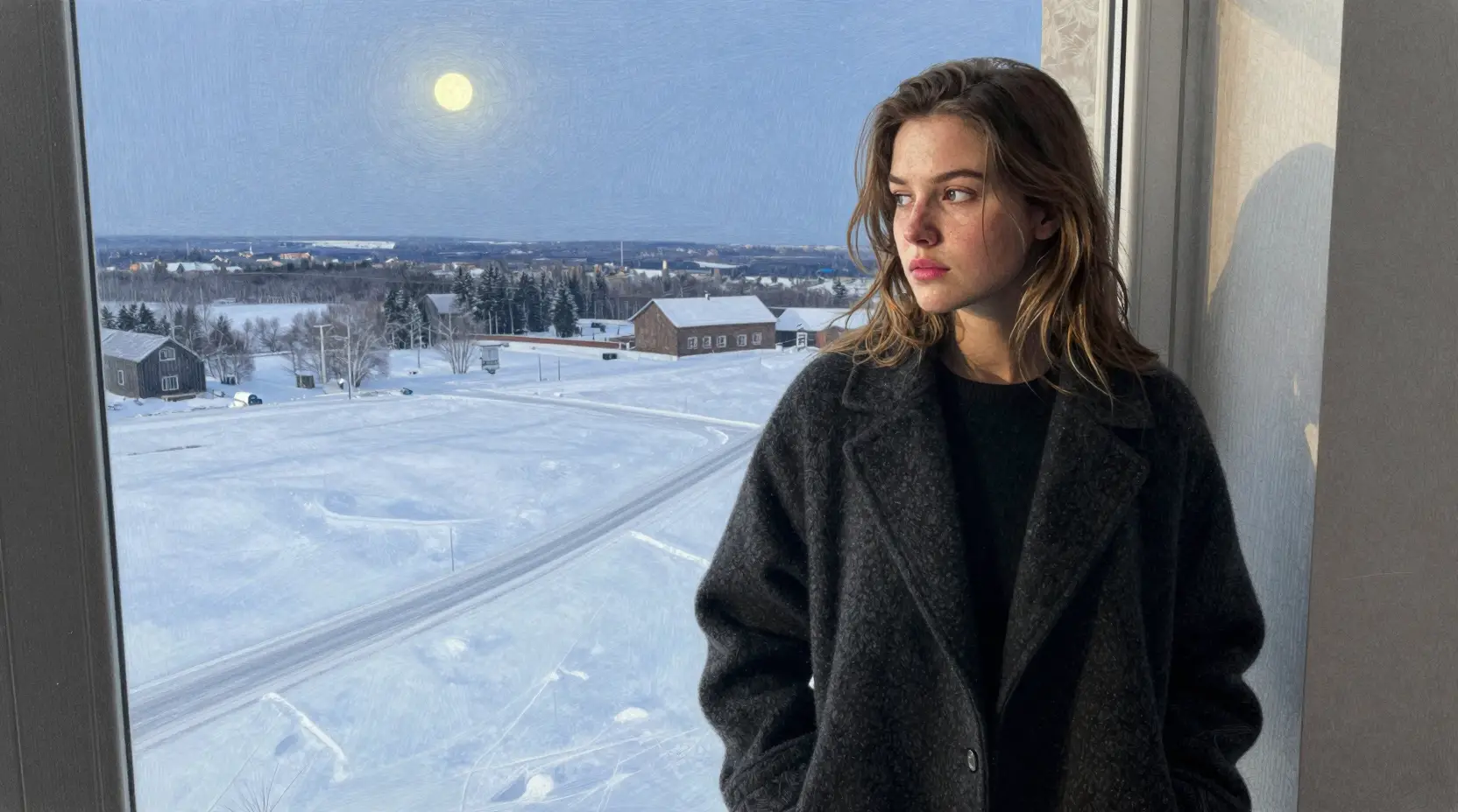 Young woman by a window overlooking a frozen landscape