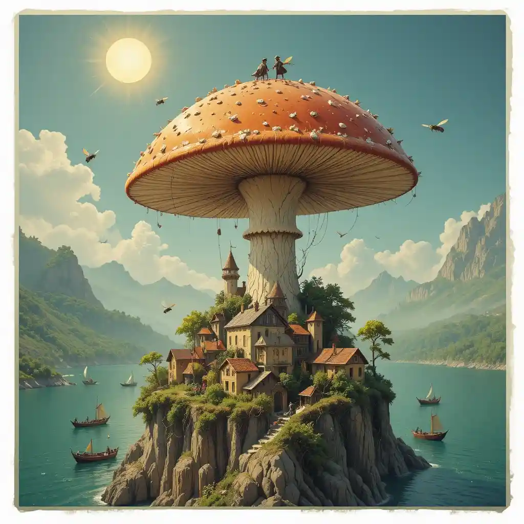 Glowing orange rays falling from a giant cliffside mushroom
