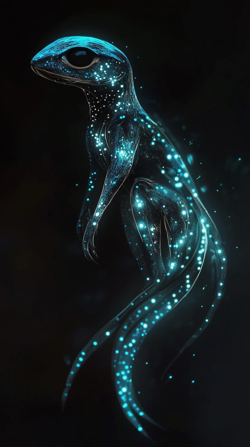 Mythical creature emerging from darkness with glowing patterns