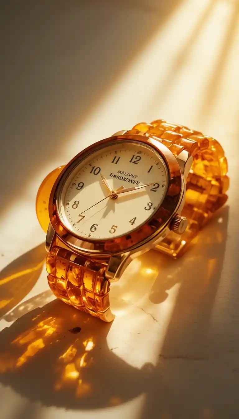 Amber wristwatch with glowing baltic amber bracelet in sunlight