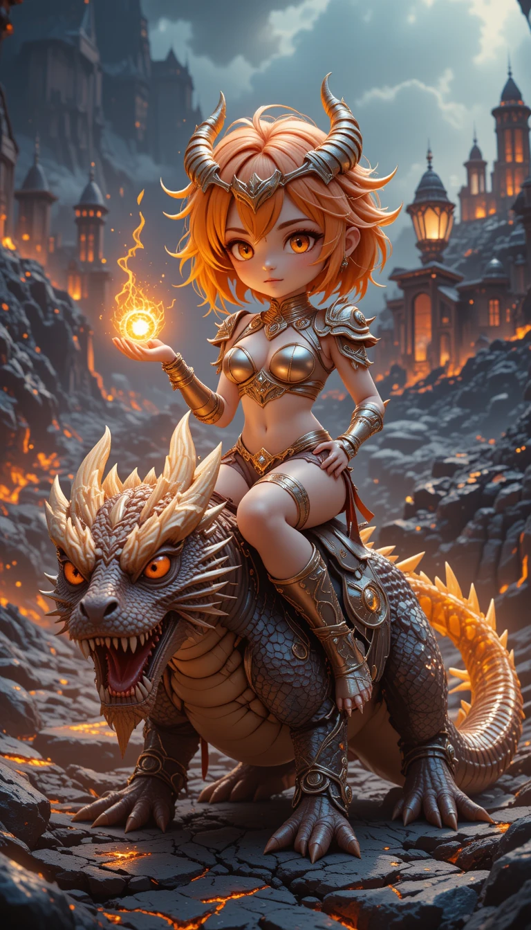 Guerrera chibi de anime montando un feroz dragón