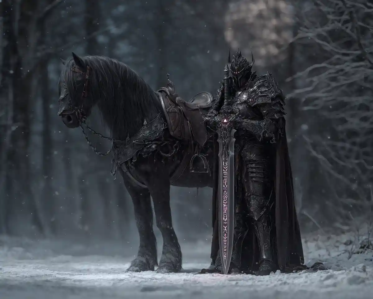 Dark knight of terror beside horse on snowy forest trail
