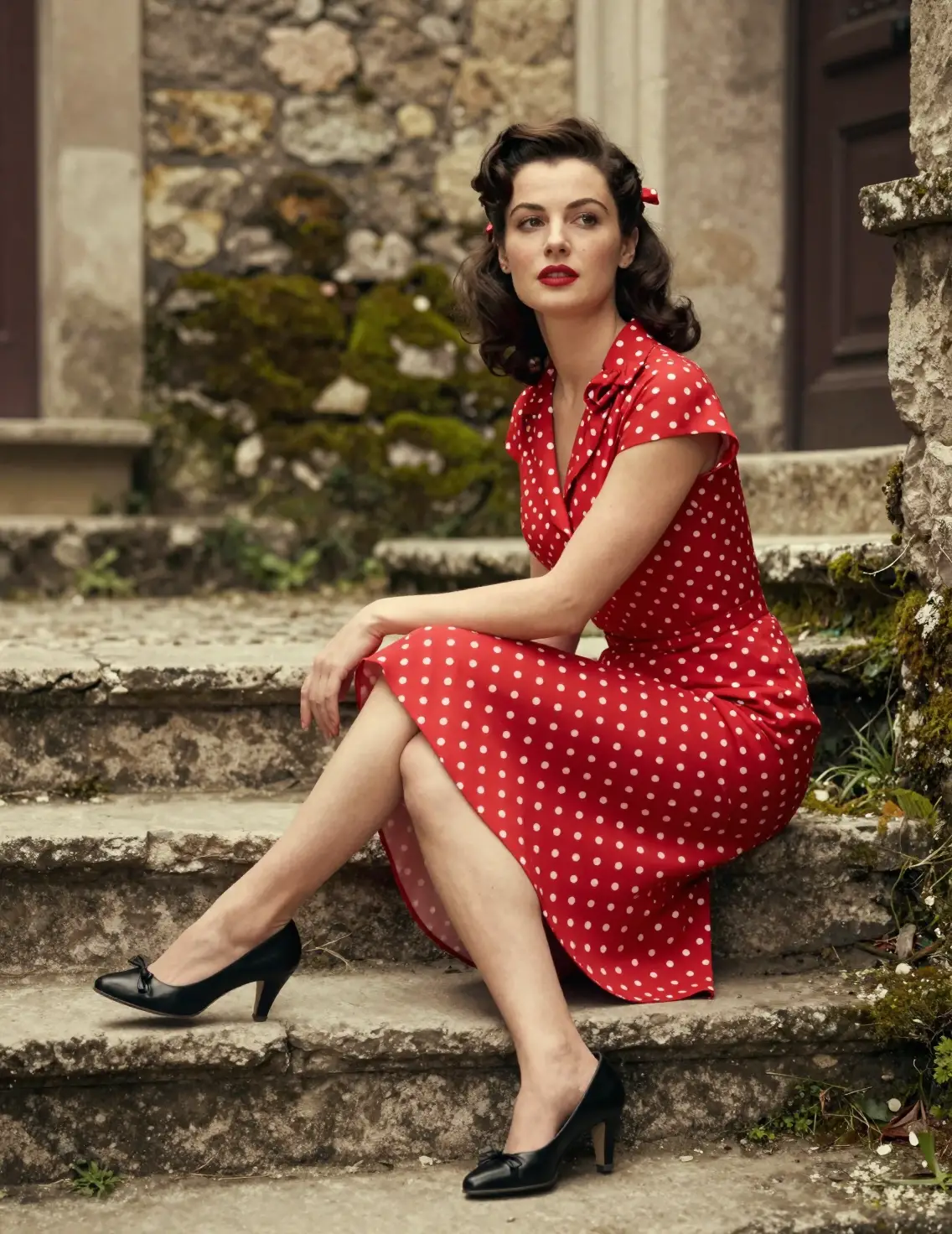 Elegant woman on stone steps in a vintage red dress