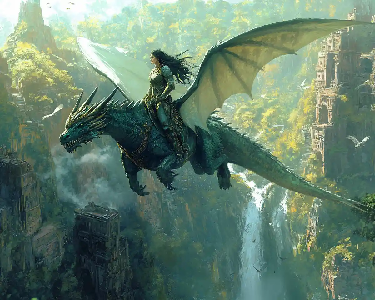 Dragon rider soaring through a lush hidden jungle canyon