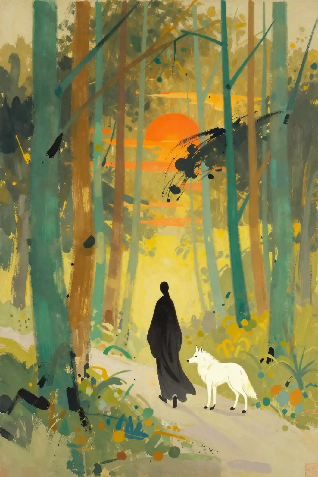 Woman Walking With White Wolf In Abstract Sunset Forest