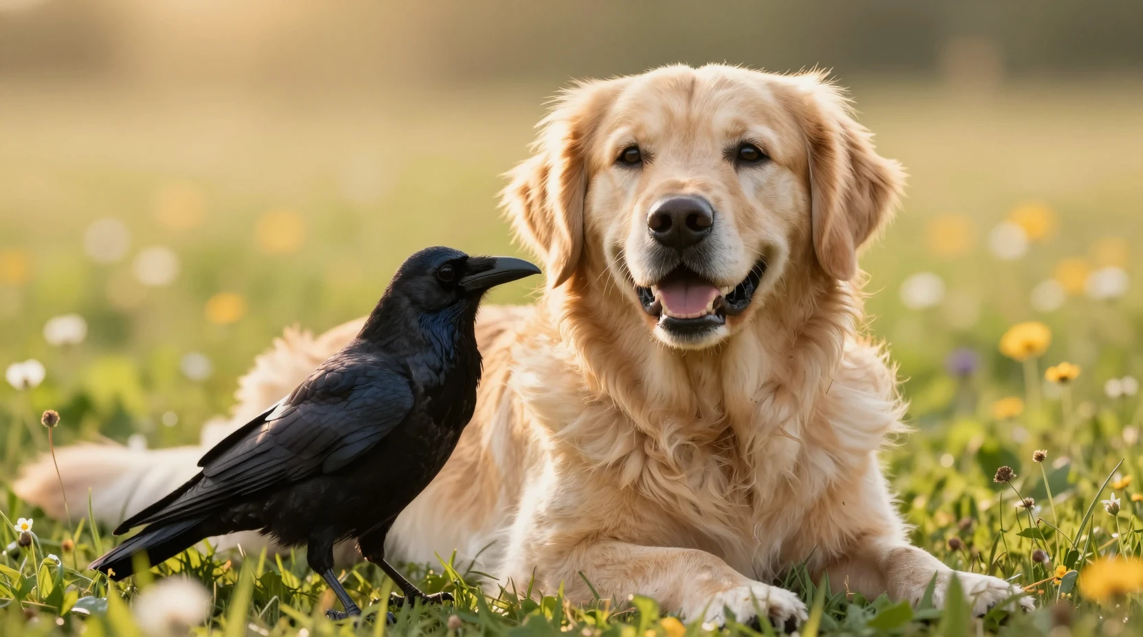 Golden retriever and raven resting together in meadow
