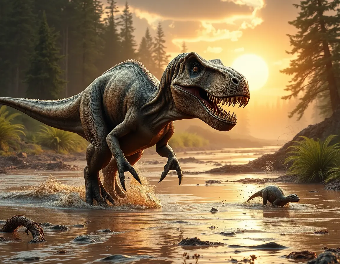 Tyrannosaurus rex charging across a muddy floodplain
