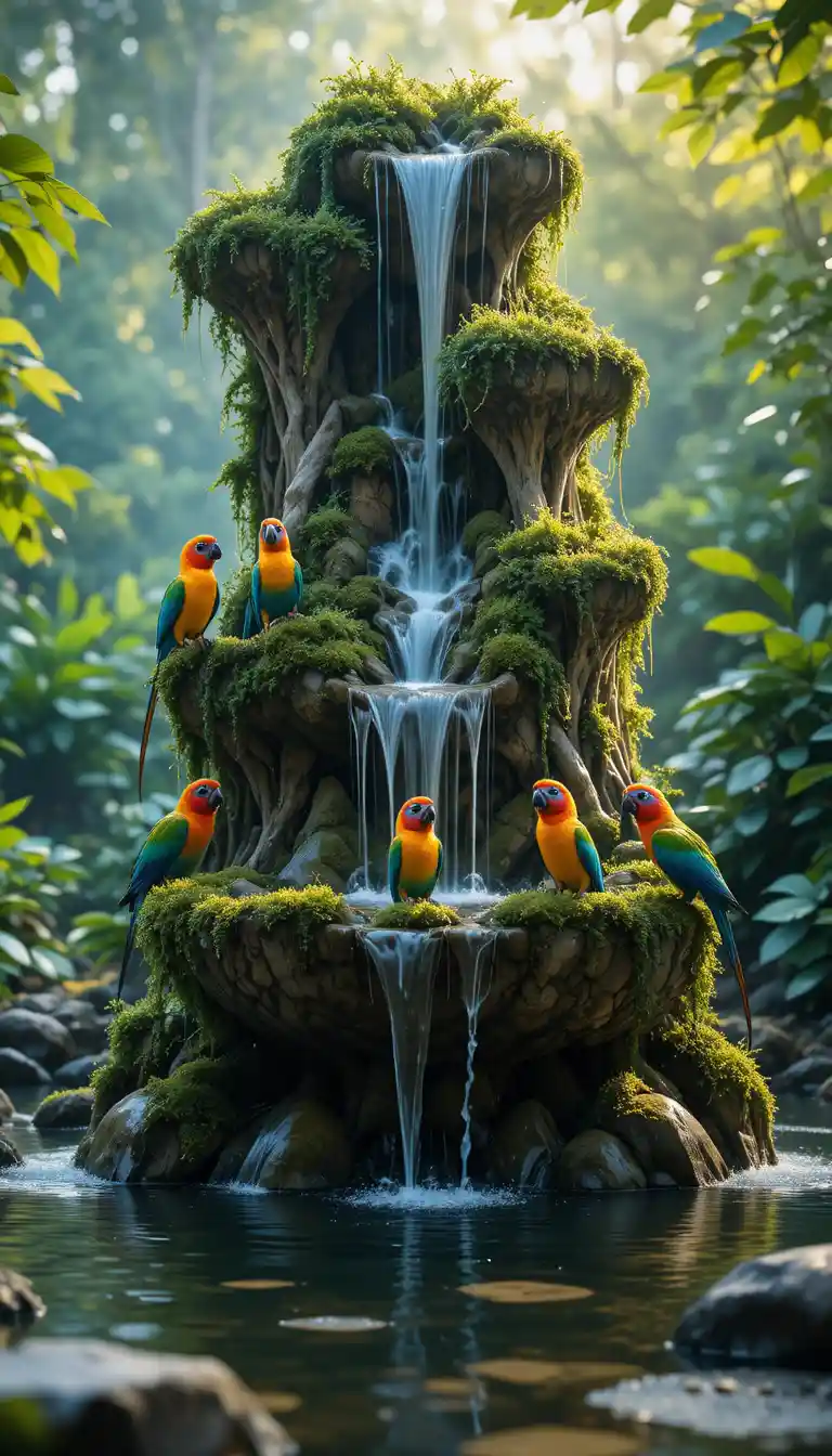 Enchanted Garden Fountain With Tropical Birds And Waterfalls