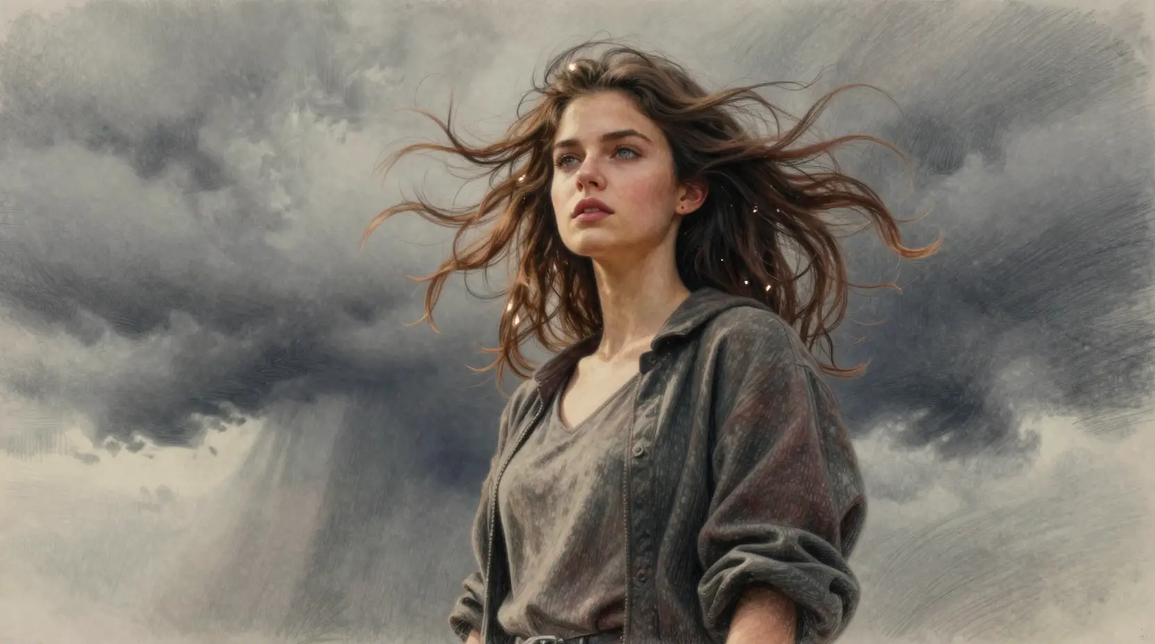 Young woman in a swirling light storm low angle illustration