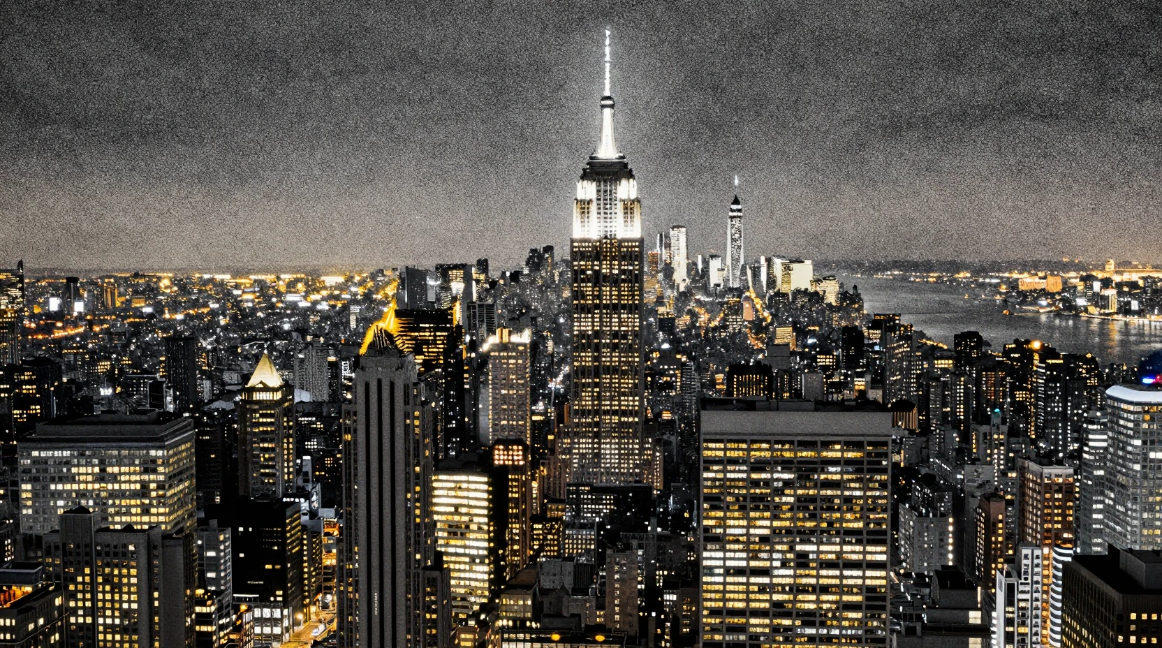 Manhattan night skyline in shimmering pointillist dot art