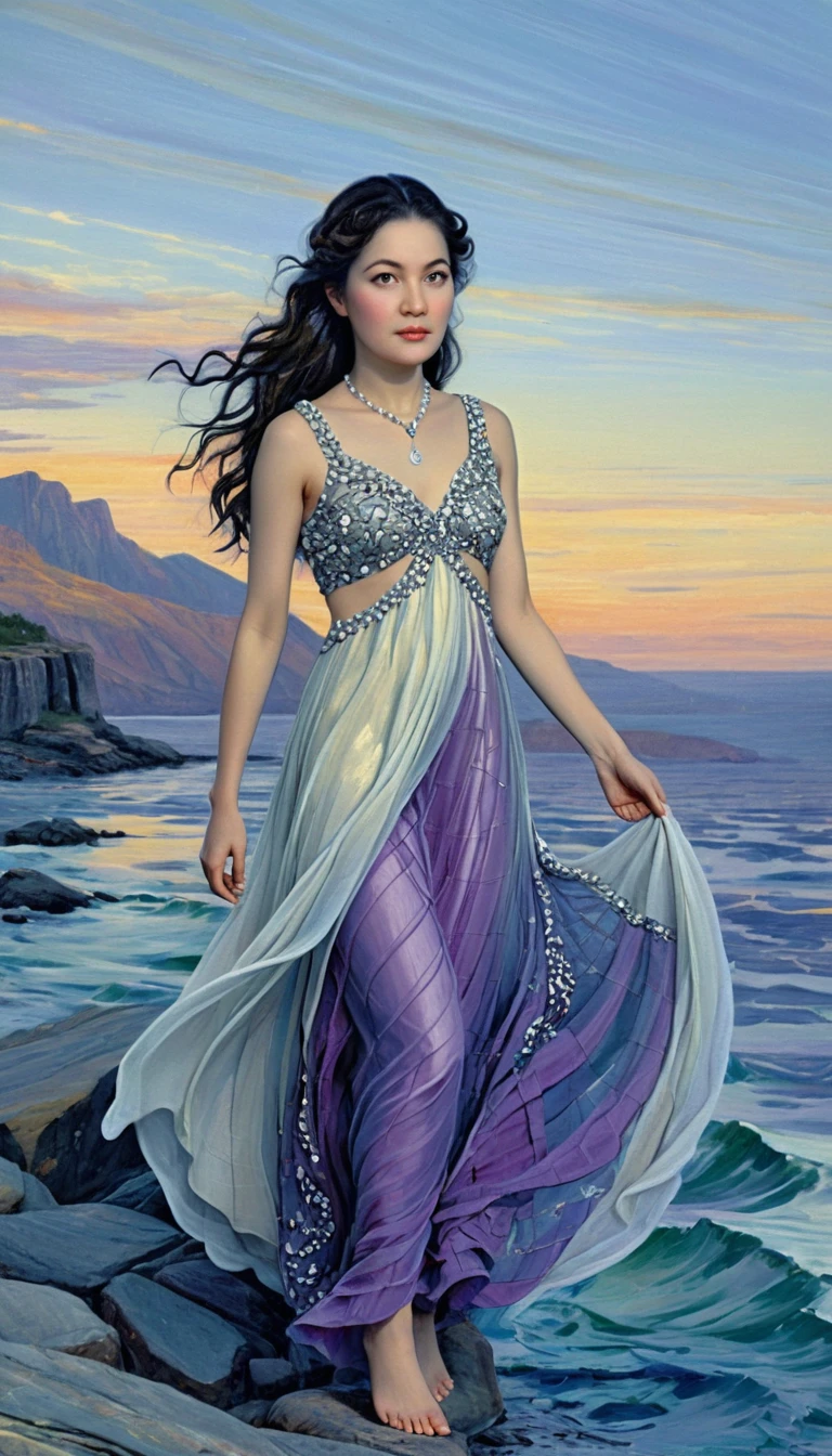 Woman in flowing white gown on a misty mountain shore