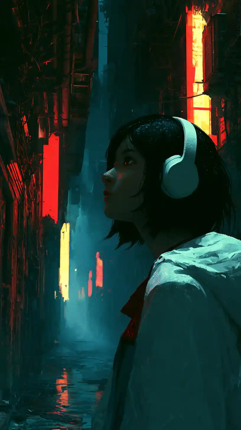 Anime woman in neon lit rainy alley looking at the sky