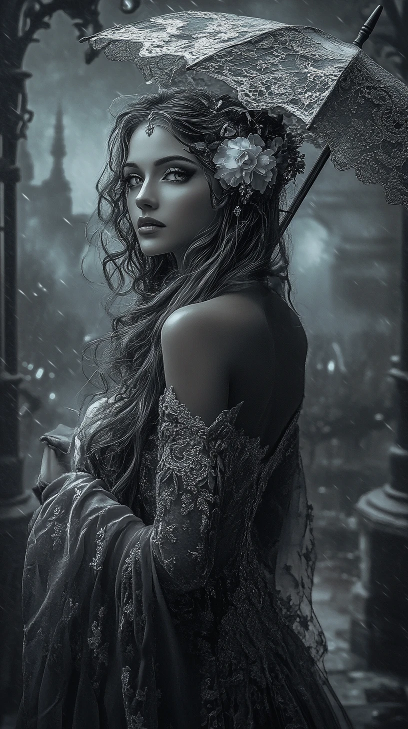 Gothic woman with parasol in misty ruined garden