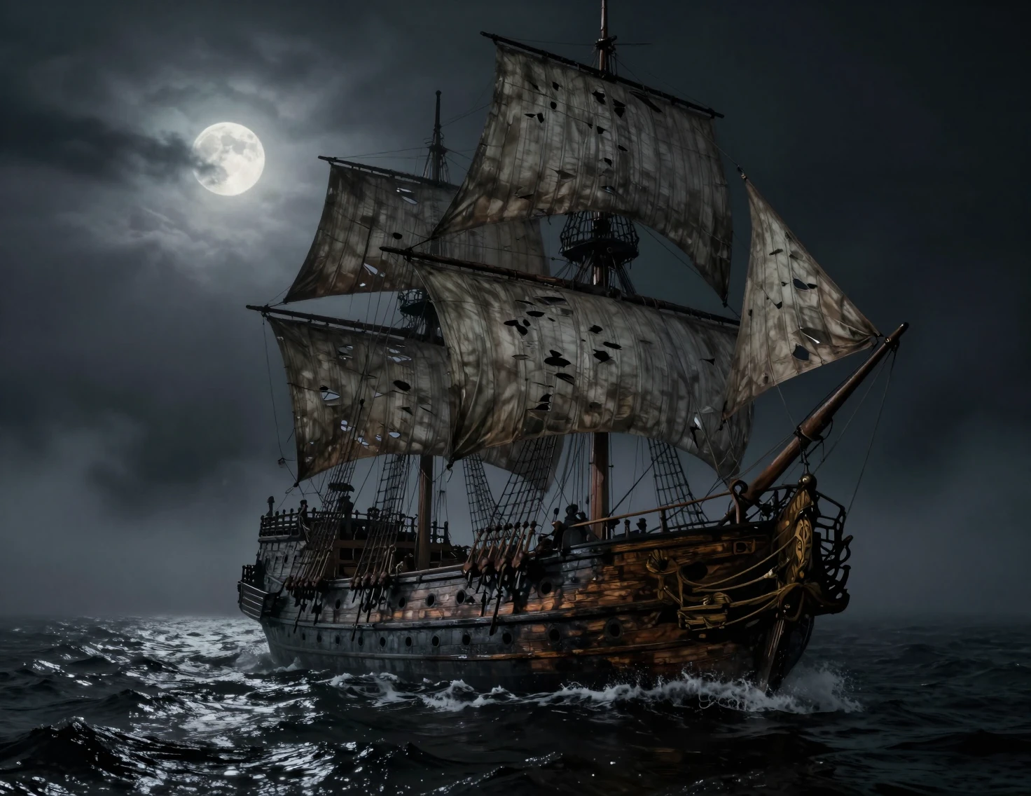 Ghostly victorian ship drifting through moonlit ocean fog