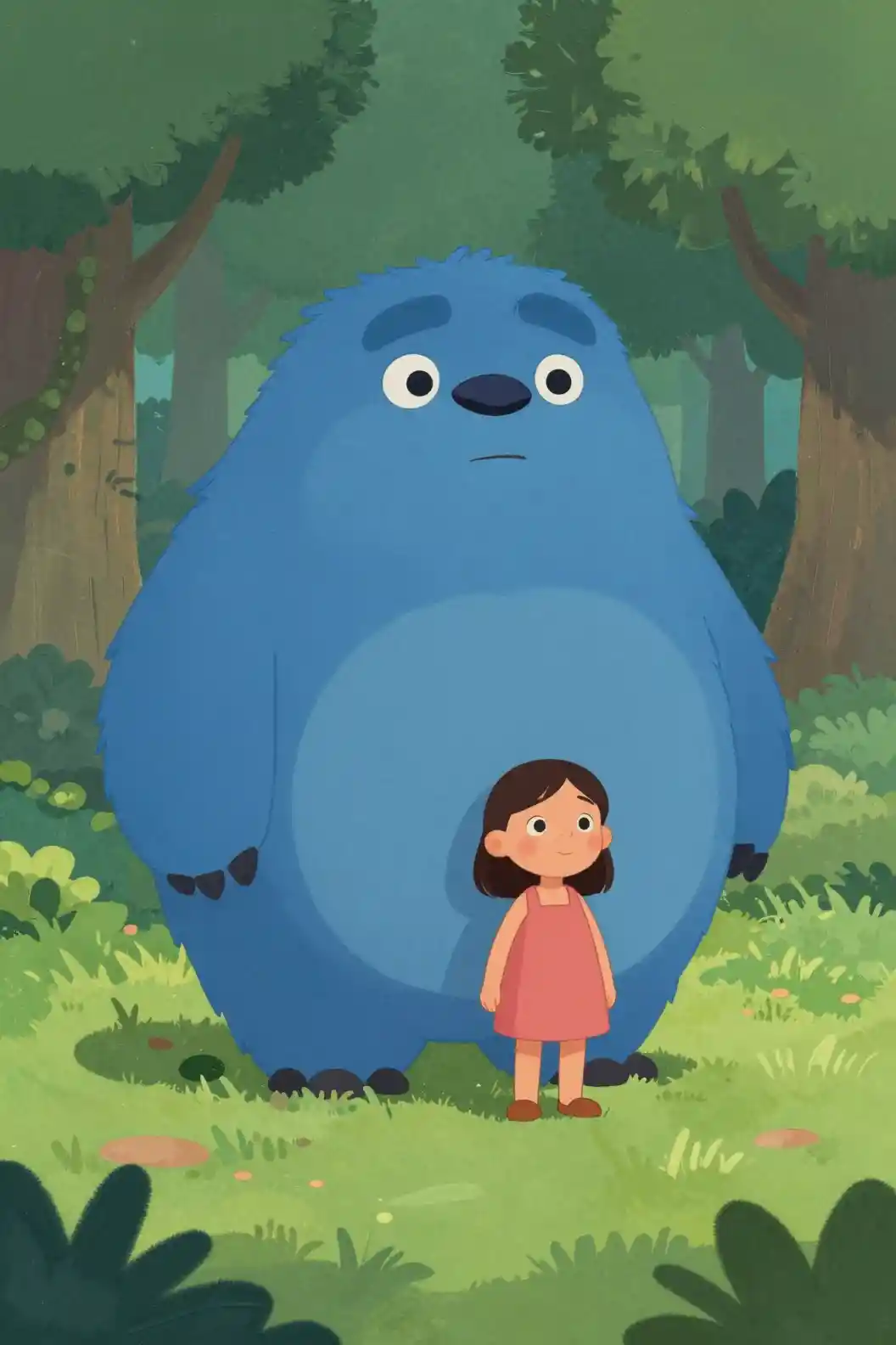 Little girl with giant blue creature in a magical forest