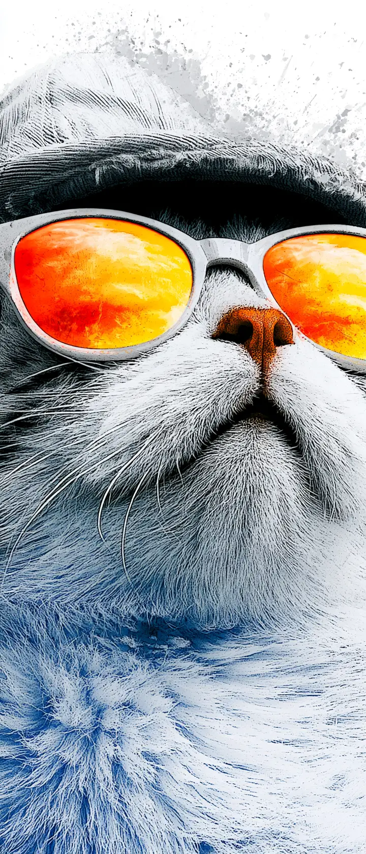 Cheerful white cat portrait with sunglasses and old hat